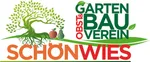 Das Logo für Garten Bau Verein Schonwies zeigt einen Baum mit Wurzeln, einem Apfel und einer Birne auf einem grünen und weißen Hintergrund.