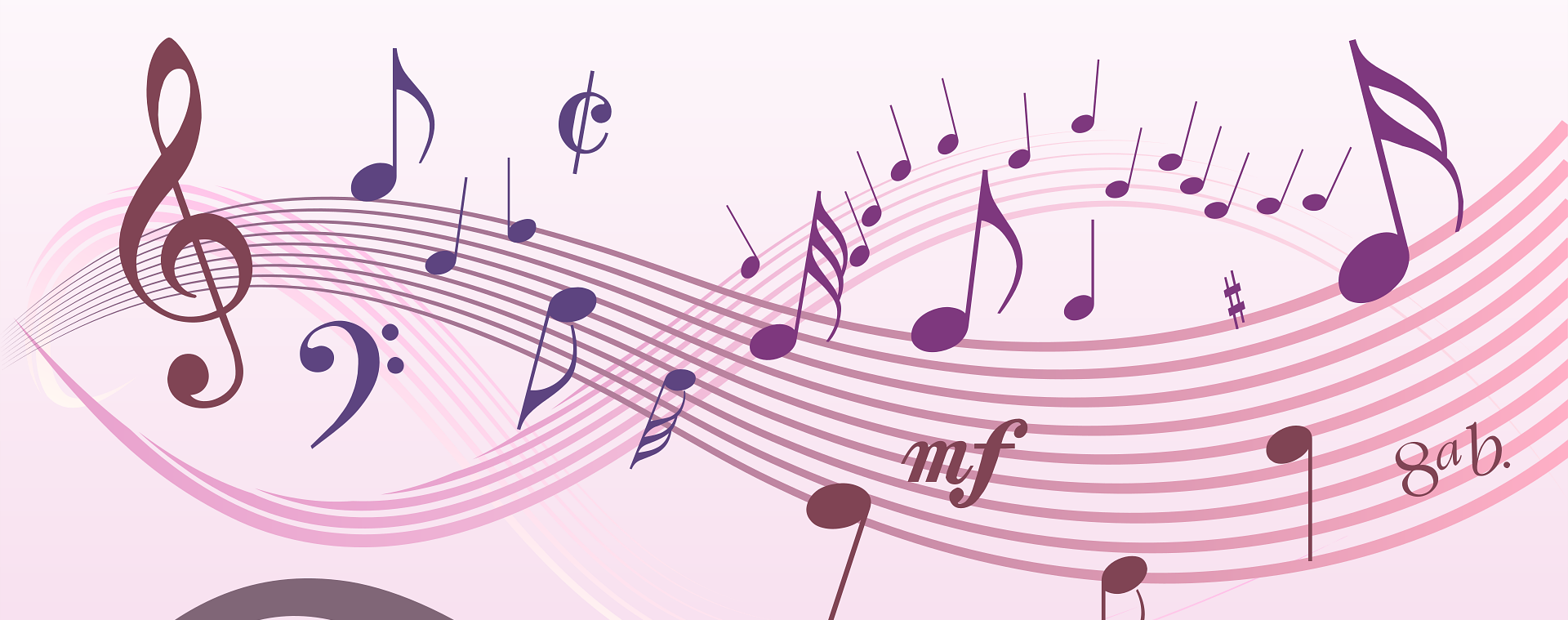 Ein rosa Hintergrund mit musikalischen Noten in Lila, in einem fließenden Muster angeordnet. Die Noten umfassen ganze, halbe, Viertel- und Achtelnoten. Das Wort 'mf' steht unten rechts.