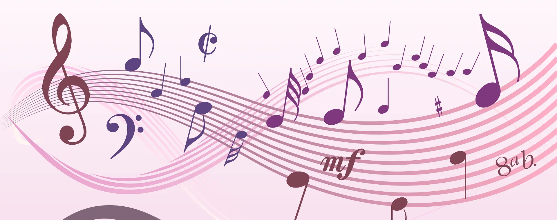 Ein rosa Hintergrund mit musikalischen Noten in Lila, in einem fließenden Muster angeordnet. Die Noten umfassen ganze, halbe, Viertel- und Achtelnoten. Das Wort 'mf' steht unten rechts.