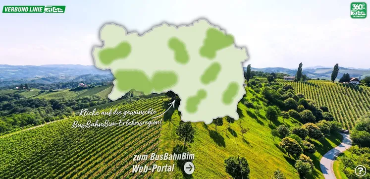 Eine grüne Karte einer Region mit einem Weinberg im Hintergrund. Ein Pfeil zeigt nach rechts mit dem Text 'zum BusBahnBim Web-Portal' darunter.