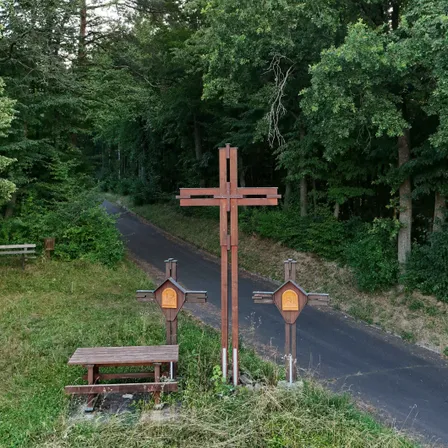 Cross, Symbol, Outdoors, Bench, Furniture, Graveyard, Road, Plant, Vegetation