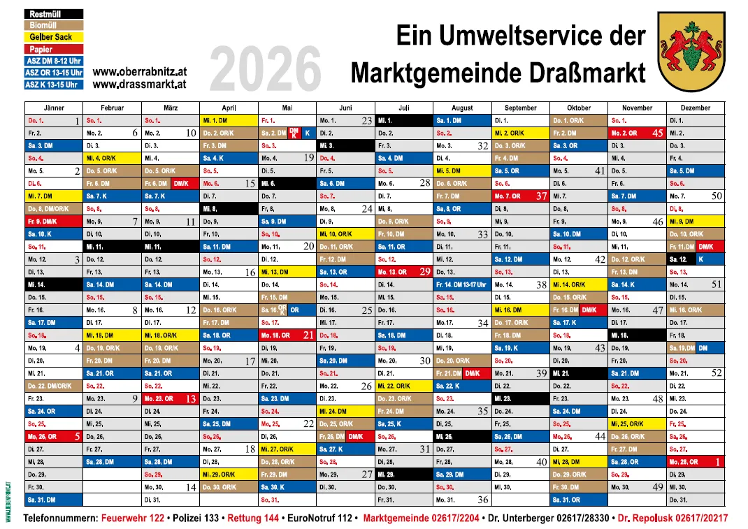 Das Bild ist ein Rasterkalender für das Jahr 2026, der die geplanten Umweltdienstleistungen für Draßmarkt, Österreich, detailliert auflistet. Jeder Monat von Januar bis Dezember ist mit bestimmten Terminen für die Sammlung von recycelbaren Materialien und organischen Abfaßellen dargestellt.