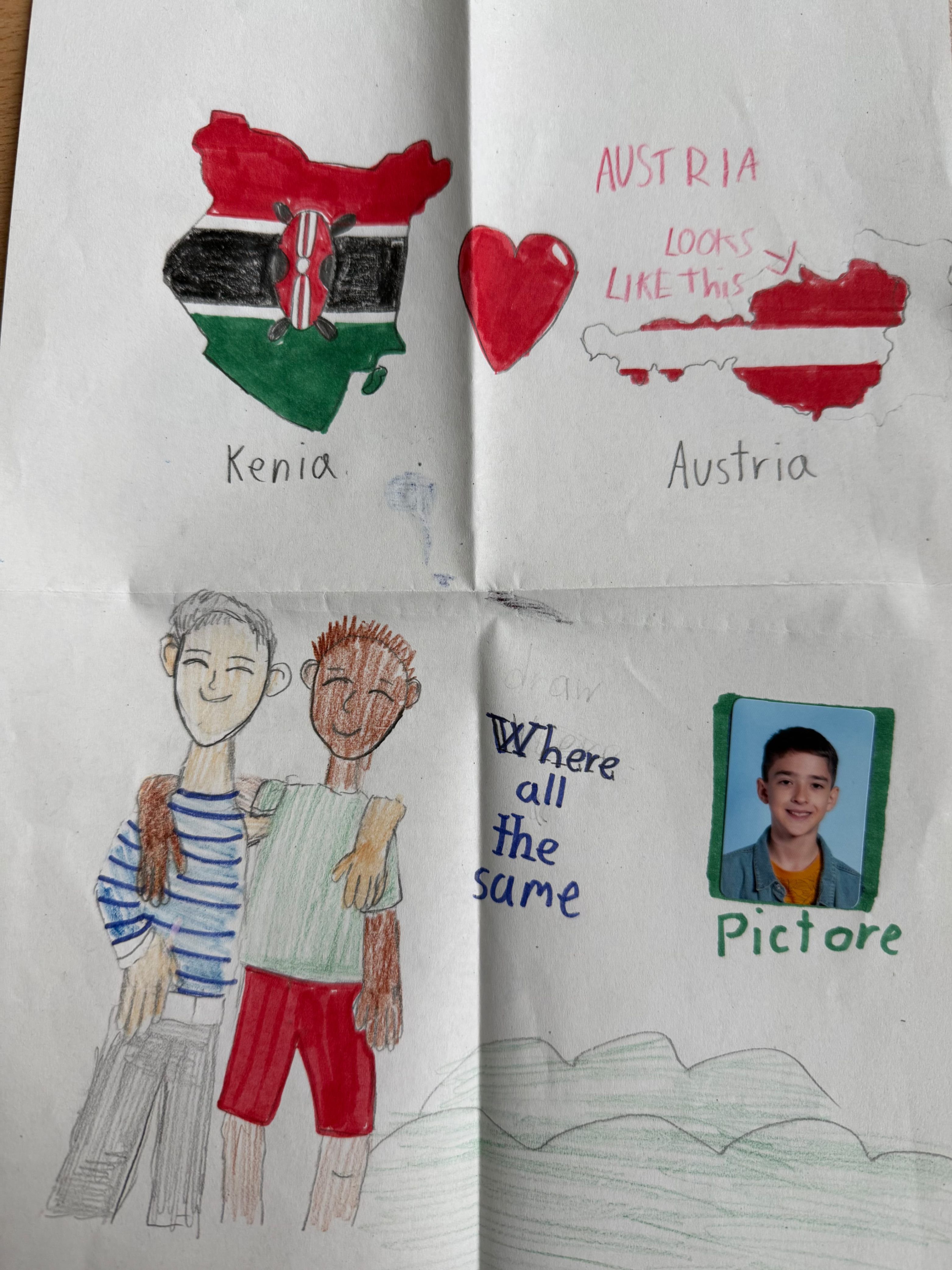 Handgezeichnete Bilder umfassen eine Karte von Kenia und Österreich, zwei Jungen, ein Herz und ein Bild eines lächelnden Jungen. Der Text lautet 'Wo alles gleich Bild'.
