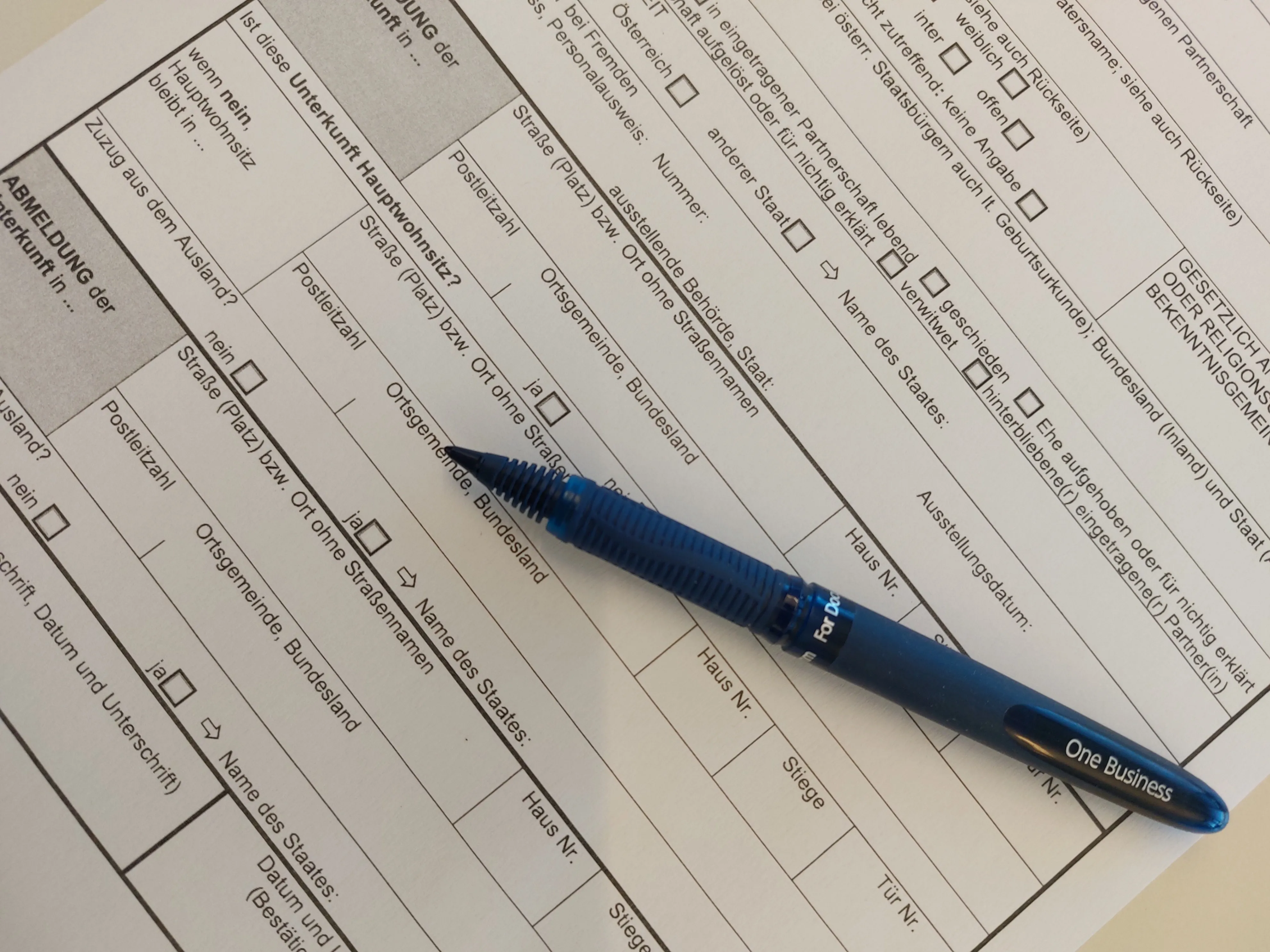 Ein Nahaufnahme eines blauen Stifts auf einem Formular mit vielen Kontrollkästchen und Text, einschließlich 'Name des States' und 'Haus Nr.' in Deutsch.