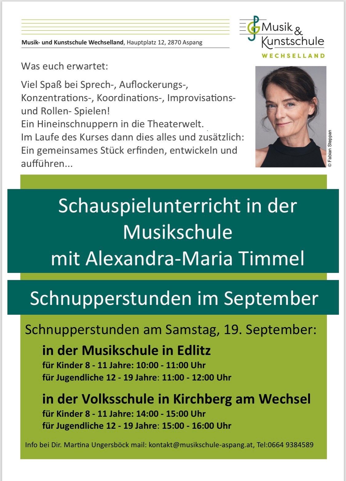 Ein Flyer für einen Theaterworkshop mit Alexandra-Maria Timmel, mit einem Bild einer Frau und Details zum Zeitplan und den Veranstaltungsorten.