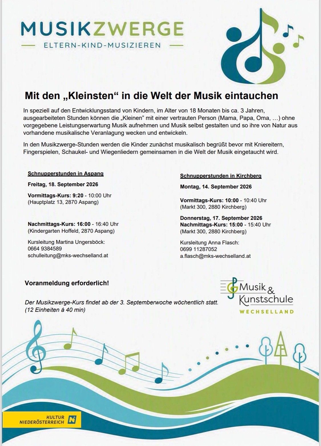 Poster für Musikkurse für Kinder im Alter von 18 Monaten bis 3 Jahren. Die Kurse beinhalten Musikhören und -kreation mit Instrumenten. Details zu Kurszeiten und -orten sind angegeben. Anmeldung erforderlich.
