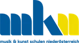 Ein blaues und gelbes Logo mit dem Text 'musik & kunst schulen niederösterreich' auf schwarzem Hintergrund.