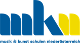 Ein blaues und gelbes Logo mit dem Text 'musik & kunst schulen niederösterreich' auf schwarzem Hintergrund.