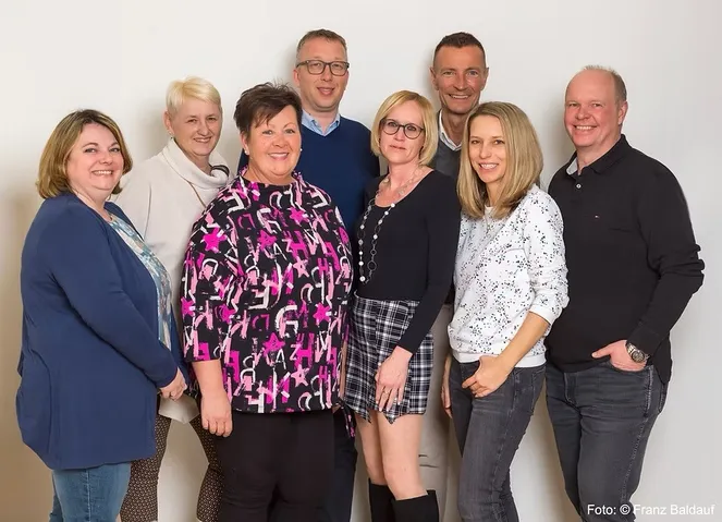 Eine Gruppe von Menschen, die für ein Foto posiert, lächelt und eng nebeneinander vor einer weißen Wand steht.