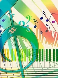 Eine farbenfrohe Illustration mit einem Violinschlüssel, Musiknoten und einer Klaviertastatur. Der Violinschlüssel ist grün und Musiknoten schweben darum herum. Die Klaviertastatur ist teilweise sichtbar mit farbigen Tasten.