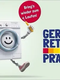 Eine Werbung für eine Waschmaschine mit einem lächelnden Gesicht und einem Roboter, der eine Zahnbürste hält. Der Text lautet 'Bring's wieder zum Laufen!' und 'GER RET PRÄ'.