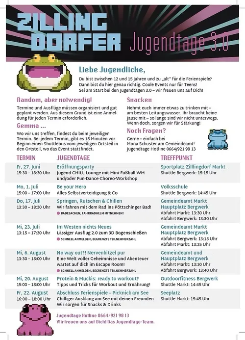 Ein Plakat für Jugendaktivitäten mit einem Frosch-Maskottchen und verschiedenen Terminen und Orten für Veranstaltungen. Das Plakat enthält Details wie Shuttlezeiten, Veranstaltungsbeschreibungen und Kontaktinformationen.