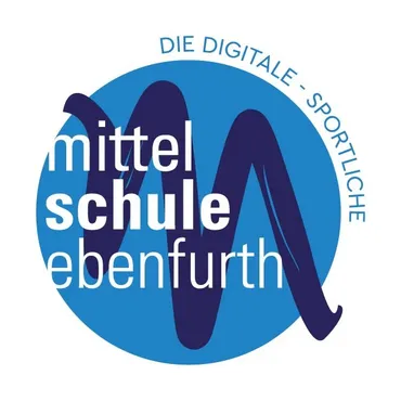 Das Logo für Digitale Sportliche Mittel Schule Ebenfurth zeigt ein stilisiertes 'M' in Blau und Weiß. Der Text 'Digitale Sportliche' steht über dem 'M' und 'Mittel Schule Ebenfurth' darunter.