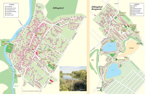 Eine Karte von Zillingdorf mit verschiedenen Straßen, Gebäuden und Sehenswürdigkeiten, einschließlich eines Sees und einer kleinen Einlagekarte des Gebiets.