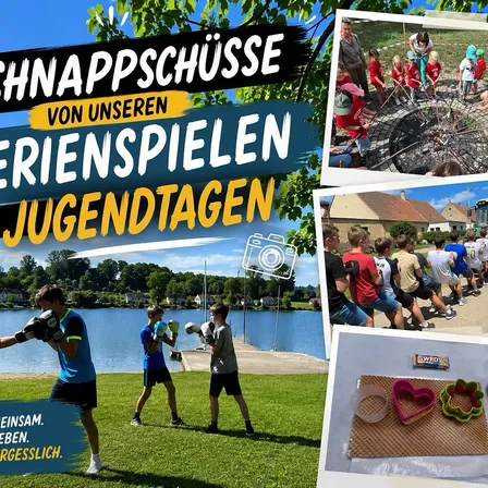 Eine Collage von Bildern, die verschiedene Aktivitäten während der Jugendtage zeigt. Oben links sind Menschen beim Boxen zu sehen, oben rechts rösten Kinder Marshmallows, unten links ist ein See mit Menschen zu sehen und unten rechts ist ein Ausstechset zu sehen.