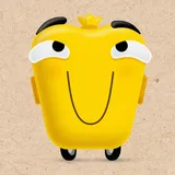 Eine fröhliche gelbe Figur mit einem großen Lächeln, schwarzen Augen und einer gelben Krone auf dem Kopf. Es hat Räder unten und einen strukturierten Hintergrund.