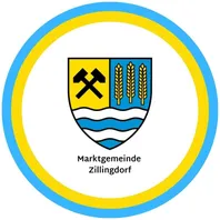 Das Wappen der Marktgemeinde Zillingdorf zeigt einen blau-weißen Schild mit einem schwarzen Hammer und drei Weizenähren. Der Schild ist von einem gelben und blauen Kreis umgeben.
