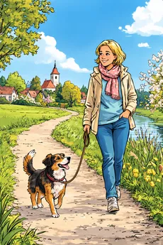 Eine Illustration einer Frau, die ihren Hund auf einem Pfad im Park spazieren führt.