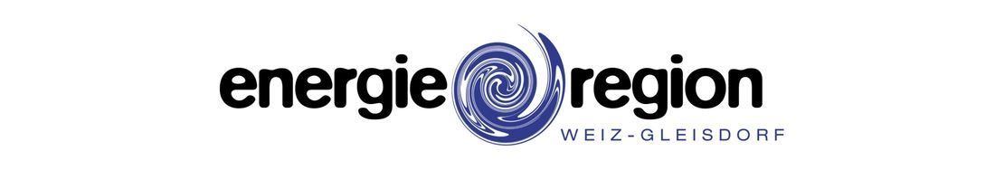 Das Logo für Energie Region Weiz-Gleisdorf zeigt ein blaues Wirbeldesign. Der Text 'energie' ist in Schwarz und 'region' in Blau geschrieben. Darunter steht der Name 'Weiz-Gleisdorf' in Schwarz.