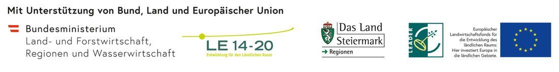 LE 14-20, Entwicklung für den ländlichen Raum, Logos für 'Das Land Steiermark', 'Regionen' und LEADER.