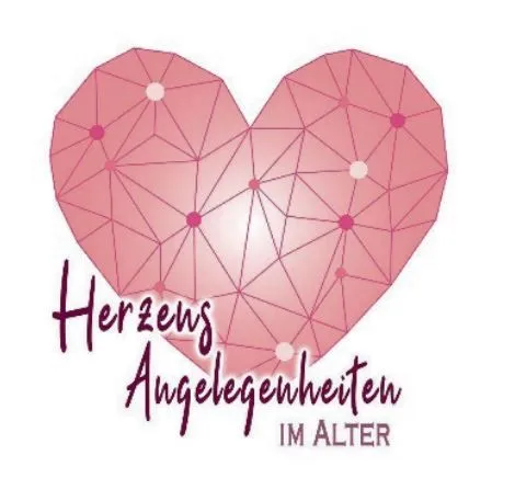 Ein rosa Herzdesign mit einem Netzwerkmuster. Unter dem Herzen stehen die Worte 'Herzens Angelegenheiten IM Alter' in kursiver Schrift.
