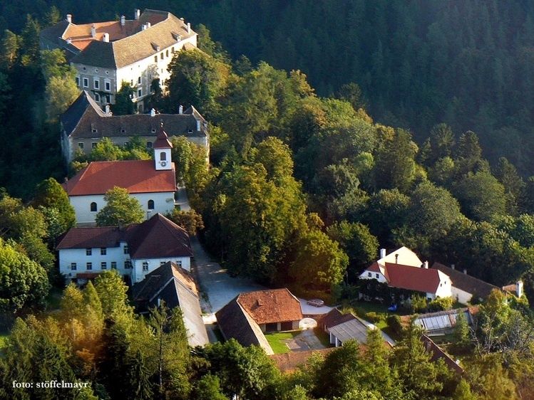 Luftaufnahme eines großen historischen Gebäudes, umgeben von Bäumen, mit einer Kirche und mehreren kleineren Gebäuden in der Nähe.