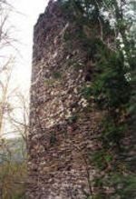 Ein alter, verwitterter Steinturm steht inmitten eines dichten Waldes. Die Oberfläche des Turms ist mit Moos und Efeu bedeckt, und mehrere kleine Löcher sind sichtbar.