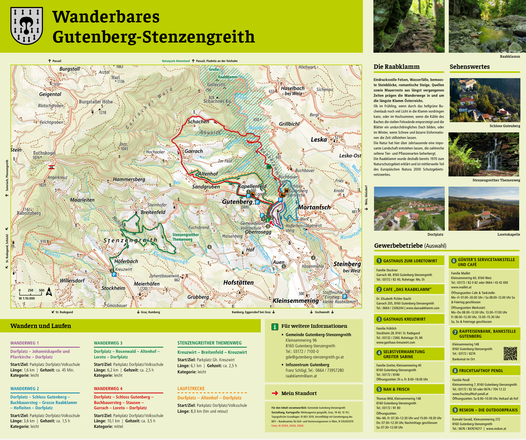 Eine Wanderkarte zeigt eine Route mit mehreren Wanderwegen in einer Gebirgsregion. Wanderwege sind mit roten Linien markiert. Wanderwege beinhalten Namen und Nummern. Die Karte umfasst eine Legende mit einem Schlüssel für die Wanderwege.
