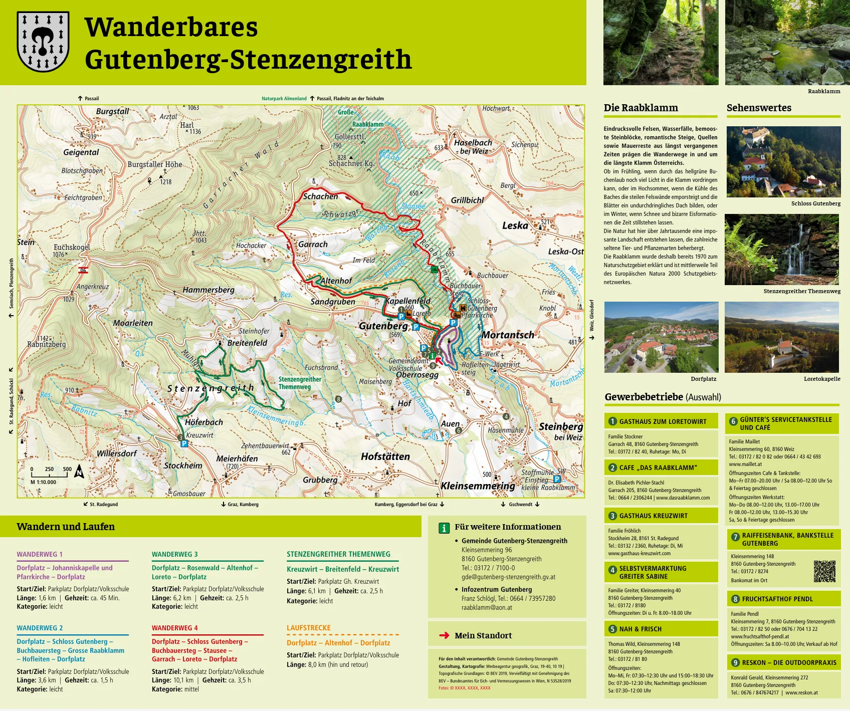Eine Wanderkarte zeigt eine Route mit mehreren Wanderwegen in einer Gebirgsregion. Wanderwege sind mit roten Linien markiert. Wanderwege beinhalten Namen und Nummern. Die Karte umfasst eine Legende mit einem Schlüssel für die Wanderwege.