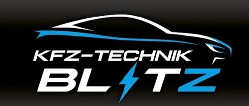 Das Logo für KFZ-Technik Blitz zeigt ein stilisiertes Auto und einen Blitz in Blau und Weiß auf schwarzem Hintergrund.