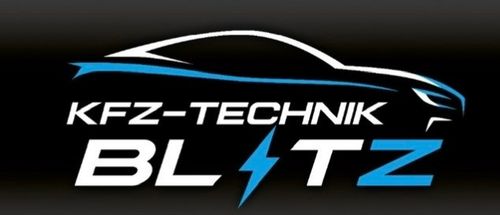 Das Logo für KFZ-Technik Blitz zeigt ein stilisiertes Auto und einen Blitz in Blau und Weiß auf schwarzem Hintergrund.