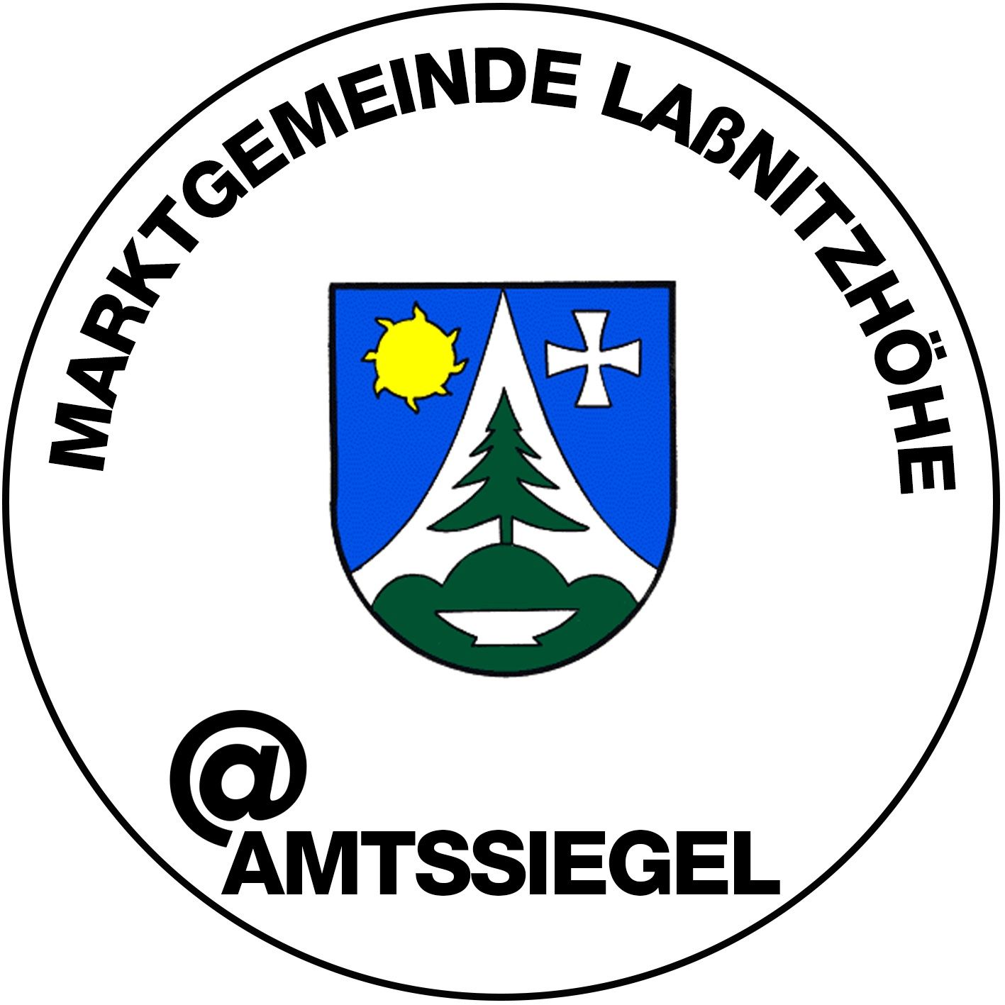 Ein rundes Emblem mit den Worten 'MARKTGEMEINDE LABNITZHOHE' um ein Wappen mit einem Kreuz, einer Sonne und einer Tanne auf blauem Hintergrund. Das Symbol '@AMTSSIEGEL' befindet sich unten.