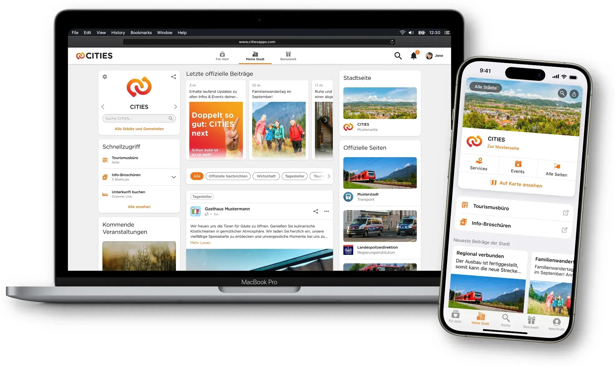 Ein Screenshot eines MacBook Pro zeigt eine App-Oberfläche mit mehreren Bereichen, darunter 'Letzte offizielle Beiträge' und 'Stadtseite'. Die Oberfläche enthält eine Liste von Updates, einen Bereich mit Bildern von Menschen und eine Option zum Hinzufügen von Städten. Unten links befindet sich ein Link zu 'Mehr Lesen'.