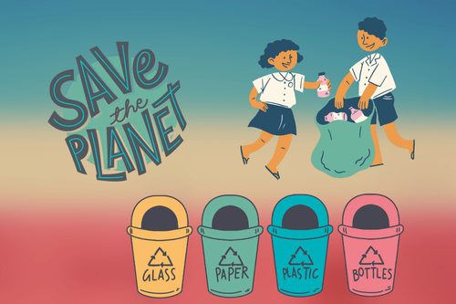 Eine Illustration zeigt Kinder, die Flaschen, Glas, Papier und Plastik recyceln. Der Text lautet 'Rette den Planeten'. Vier Recyclingbehälter sind beschriftet: Glas, Papier, Plastik, Flaschen.