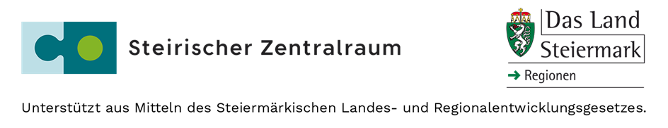 Schwarzer Hintergrund mit grünem und weißem Emblem rechts, 'Das L Stier' Text, und 'Steirischer Zentralraum' Text unter dem Emblem. Grüner Kreis links.