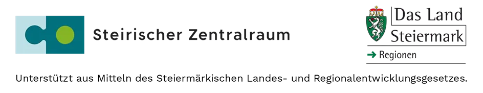 Schwarzer Hintergrund mit grünem und weißem Emblem rechts, 'Das L Stier' Text, und 'Steirischer Zentralraum' Text unter dem Emblem. Grüner Kreis links.