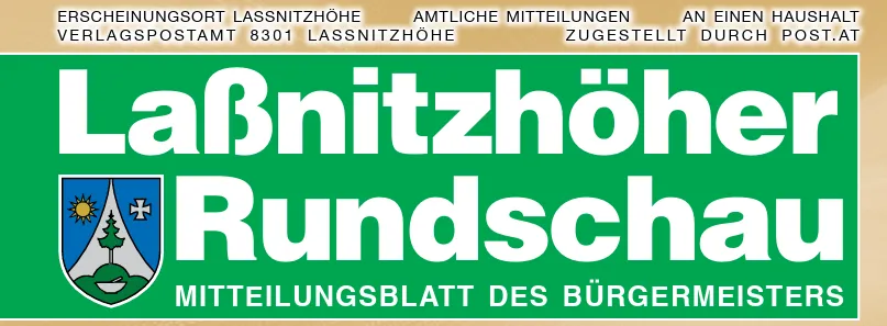Grüner Banner mit 'Labnitzer Rundschau' und 'Mitteilungsblatt des Bürgermeisters' unter einem Wappen mit Sonne, Kreuz und Baum.
