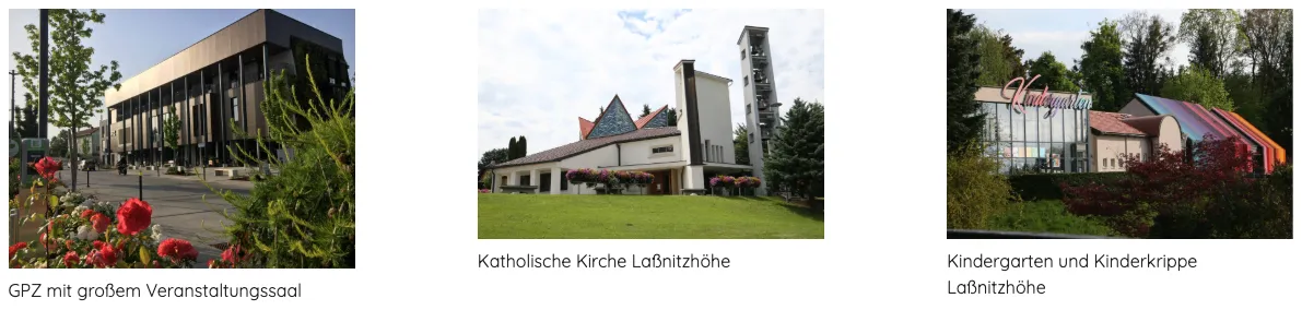 Drei Bilder werden gezeigt. Das erste ist ein Gebäude mit Grünpflanzen, das zweite ist eine Kirche und das dritte ist ein Kindergarten.