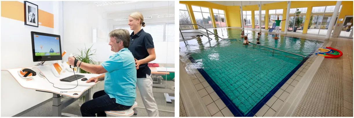 Ein Mann sitzt auf einem Stuhl in einer Klinik und interagiert mit einer Frau. Ein weiteres Bild zeigt ein Schwimmbad mit mehreren schwimmenden Personen.