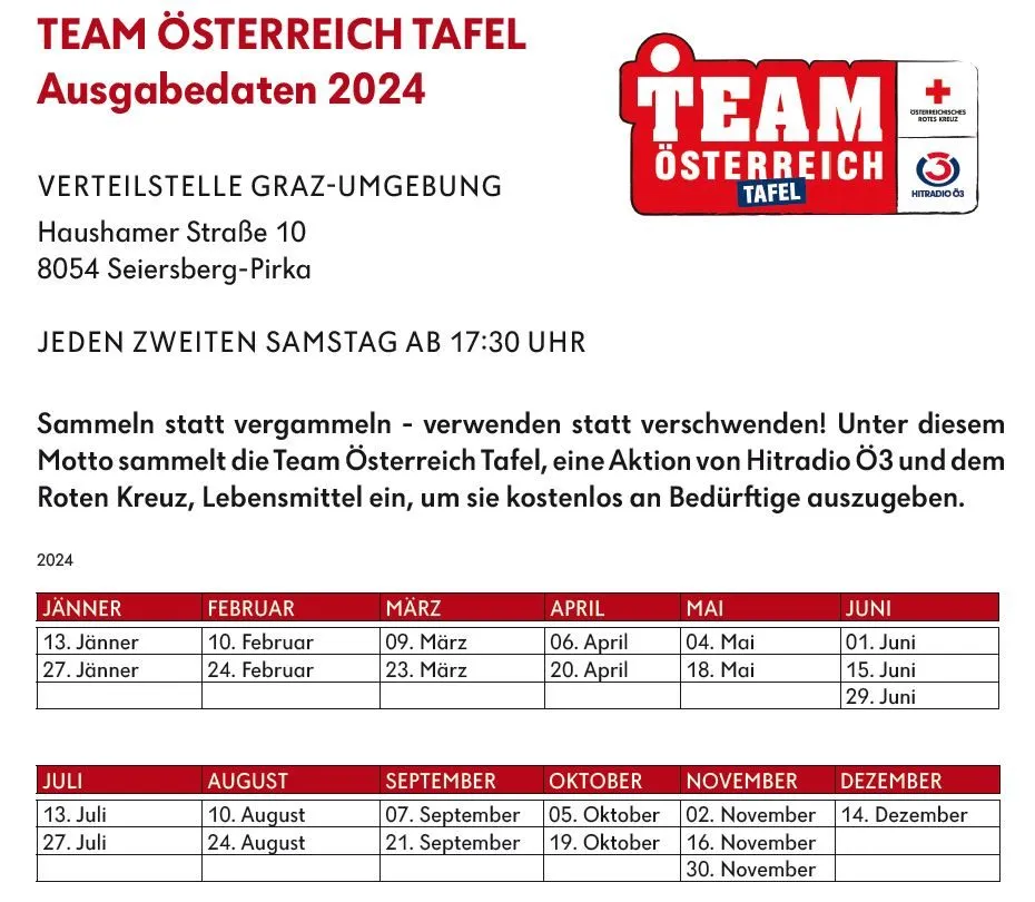 Das Bild zeigt einen Zeitplan für Team Österreich Tafel, eine Lebensmittelhilfeinitiative. Es listet Termine für die Lebensmittelsammlung in Graz von Februar bis Dezember 2024 auf. Es ermutigt dazu, Lebensmittel zu spenden anstatt sie zu verschwenden.