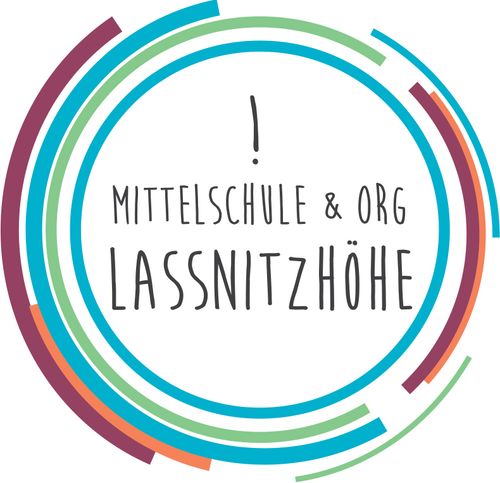 Rundes Logo mit blauen, grünen und violetten Linien, mit '!' in der Mitte und dem Text 'MITTELSCHULE & ORG LASSNITZHOHE' darunter.