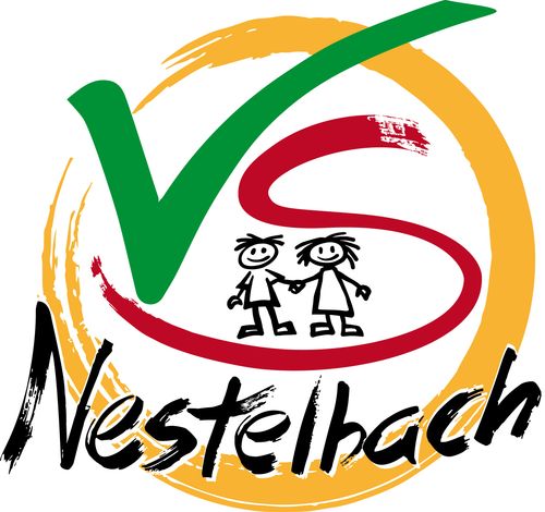 Das Logo für Nestelbäch zeigt ein stilisiertes 'V' und zwei Kinder, die Händchen halten, in einem Kreis. Der Kreis ist mit Rot, Gelb und Grün gefüllt.