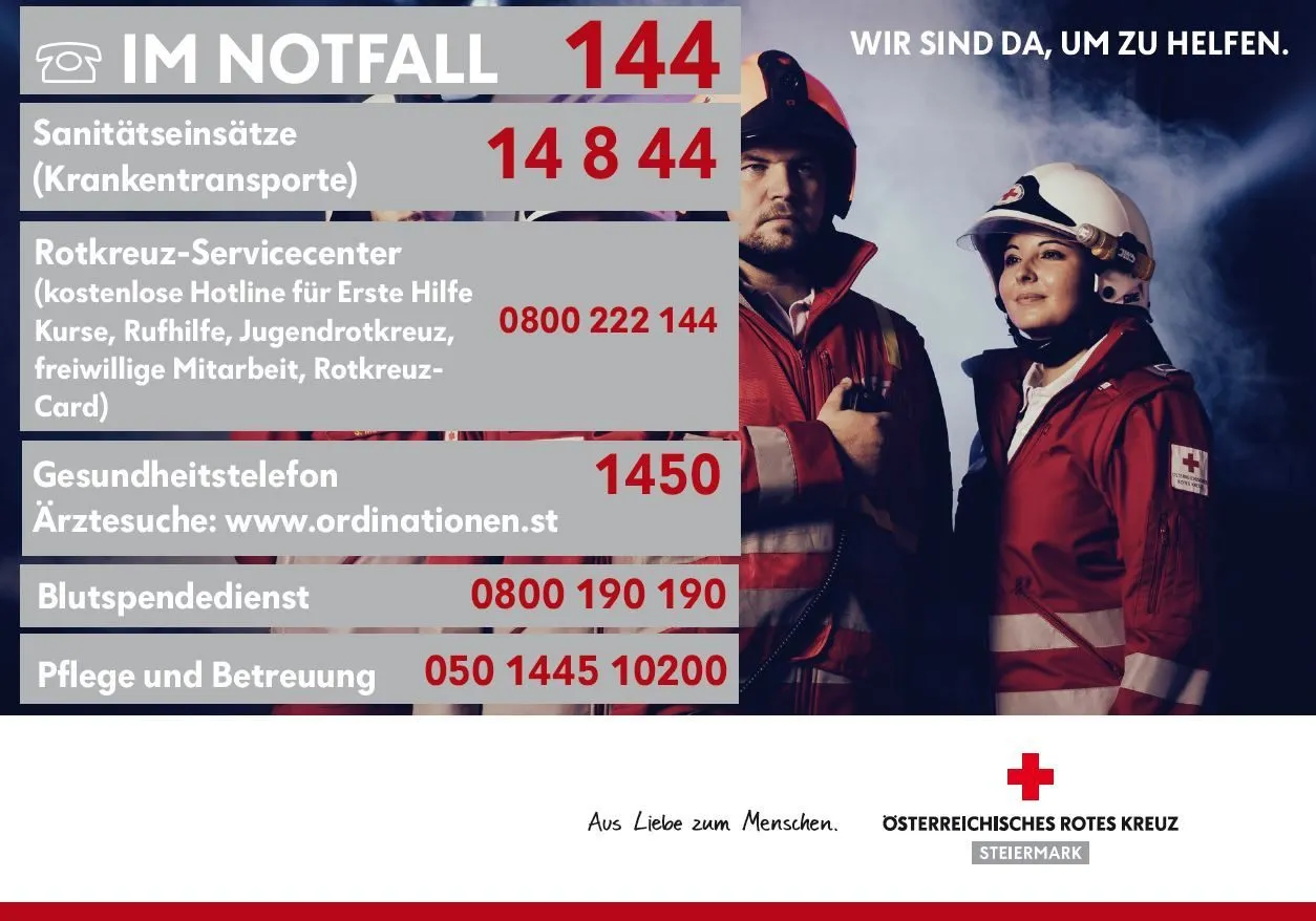 Werbeplakat für Notrufe mit den Notfallnummern 144 und 1450, Kontaktinformationen für medizinische Dienste und dem Roten Kreuz Logo. Es betont die Verfügbarkeit von Hilfe.