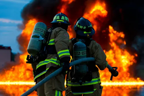 Zwei Feuerwehrleute stehen vor einem großen Feuer, jeder ausgestattet mit Sauerstoffflaschen und Feuerwehrschläuchen. Sie tragen vollständige Schutzausrüstung, einschließlich Helmen und Handschuhen.