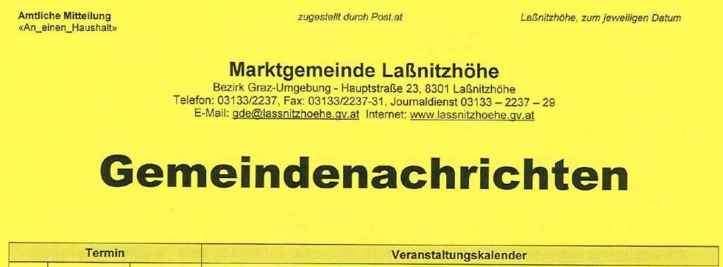 Eine gelbe Seite enthält 'Marktgemeinde LaBnitzhoehe' oben mit Kontaktdaten wie Telefon, Fax und E-Mail. Unten befinden sich Abschnitte für 'Termin' und 'Veranstaltungskalender'.