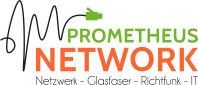 Das Logo für Prometheus Network, mit einem stilisierten Elektrostecker und den Worten Prometheus Network in fetten orangen und grünen Buchstaben. Der Slogan lautet Netzwerk - Glasfaser - Richtfunk - IT.