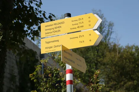 Ein gelber Wegweiser mit Fußweg-Anweisungen. Er zeigt Wege zu Sebastian RELOADED, Bewegung SEHEN und Balance FUhlen. Zeitschätzungen für jeden Weg sind angegeben.