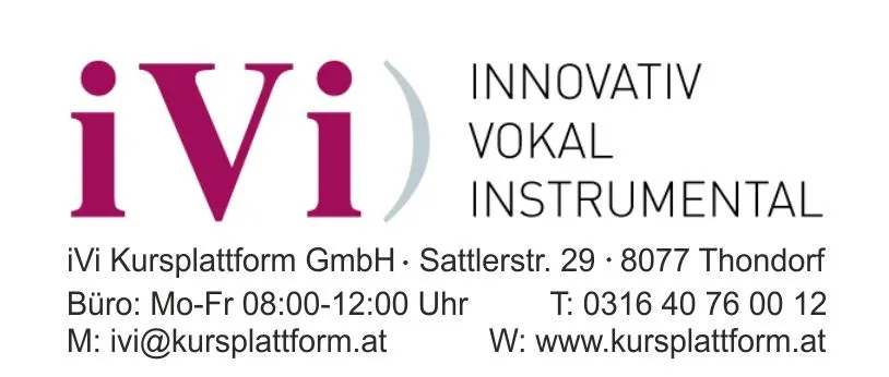 Das Bild zeigt das Logo der iVi Kursplattform GmbH. Kontaktinformationen umfassen eine Telefonnummer, E-Mail und Website. Öffnungszeiten sind Montag bis Freitag von 8:00 Uhr bis 12:00 Uhr.