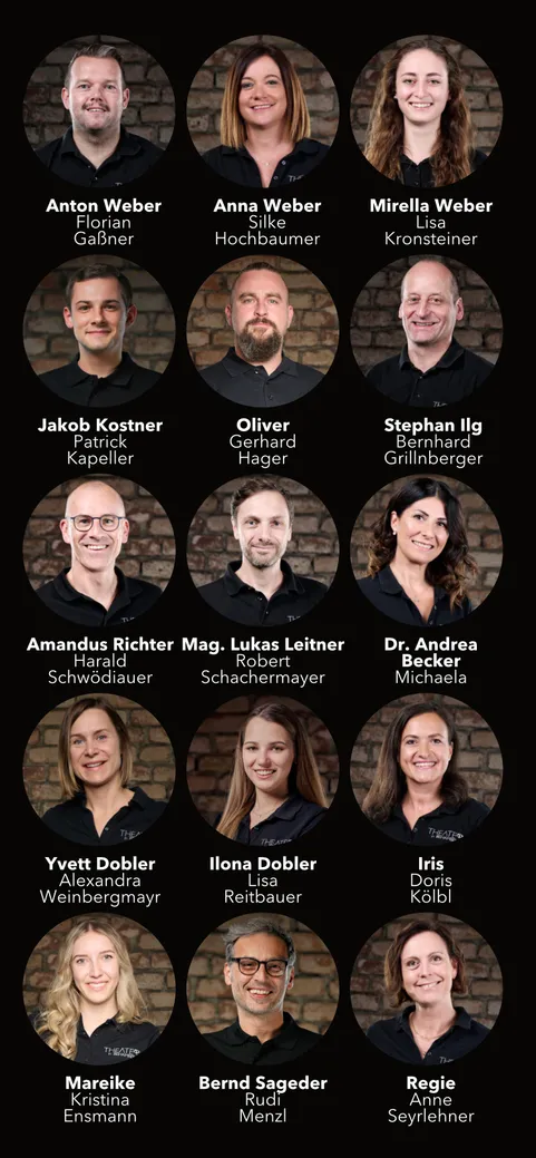 Eine Collage von 18 Personen, jeweils in einem runden Rahmen, mit ihren Namen und Rollen darunter. Sie tragen alle schwarze Hemden und einige tragen Brillen.