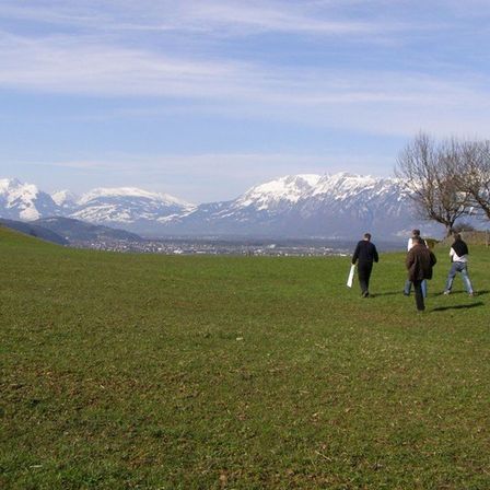 Vier Personen laufen über einen grasbewachsenen Hügel mit verschneiten Bergen im Hintergrund. Sie sind für kühles Wetter gekleidet.
